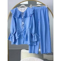 Lovie Moda Luna Fırfır Yakalı Pantolonlu İkili Takım Mavi