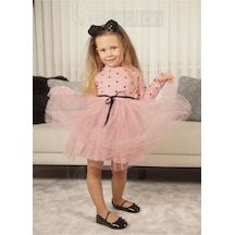 Puantiyeli Kız Çocuk Uzun Kollu Doğum Günü Ve Özel Günler İçin Tüllü Elbise Gülkurusu