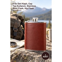 1 Adet Paslanmaz Çelik Matara 9 Oz Deri Kaplı, Cep Tipi Kullanım, Stainless Steel Flask, Hip Flask