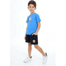 Toontoy Kids Toontoy Erkek Çocuk 2'li Takım Baskılı Bisiklet Yaka Tişört & Beli Lastikli Şort Saks