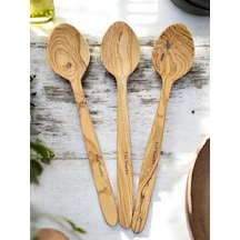 F&s Woodart 3 Adet Edremit Zeytin Ağacı Doğal Ahşap El Yapımı Tahta Kaşık Yemek Kaşığı 29 Cm Tencere Kaşığı