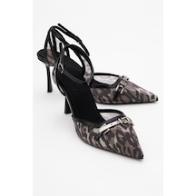 Luvishoes Luvi Shoes Giorno Siyah Desenli Fileli Tokalı Kadın Bilekten Bağlamalı Topuklu Ayakkabı Siyah Yılan Siyah