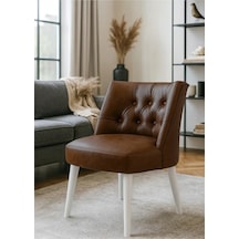 Waterybrook Berjer Sandalye - Kapitoneli Suni Deri - Beyaz Ahşap Ayaklı - Retro Modern Tasarım Acı Kahverengi