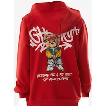 İrem Çocuk Giyim Erkek Çocuk /kız Çocuk Önü Yazı Sırtı Ayıcık Desenli Kapüşonlu Kırmızı Sweatshirt Kırmızı