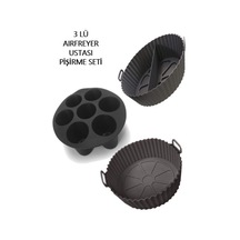 3 Parça Pratik Silikon Airfryer Siyah Pişirme Kabı Yonca, Muffin, Iki Bölmeli Fırın, Mikrodalga Hh