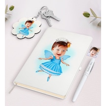 Kişiye Özel Kız Çocuk Balerin Karikatürlü Beyaz Defter Kalem Ve A