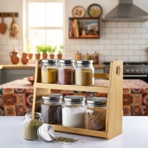 8 Parça Borosilikat Cam Baharatlık Seti 700 Ml - Paslanmaz Çelik Kapaklı Ve Bambu Kapak Sçenekli 2 Katlı Bambu Standlı Tezgah Üstü Erzak Kabı Ve Mutfak Düzenleyici Organizer Bambu Kapak