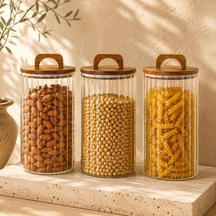 Tr 3200 Ml Zahire Kavanozu 3'lü Set, Ahşap Kapaklı Kulplu Cam Erzak Saklama Kabı, Büyük Boy Bakliyat Makarna Kahve Diğer