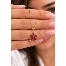Kızıl Taşlı Lotus Çiçeği Gold Renk Çelik Kadın Kolye