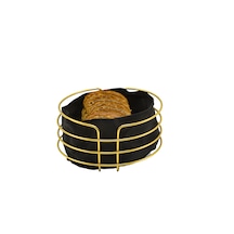Metal Gold Şeritli Paslanmaz Oval Siyah Kumaşlı Ekmek Sepeti