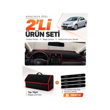 Volkswagen Jetta 2007-2011 Uyumlu Torpido Örtüsü + Tay Tüyü Çanta + Sticker - Siyah Kırmızı