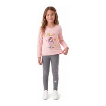 Onloox Kız Çocuk Pembe Kız Çocuk Pembe Pamuklu Bisiklet Yaka Tam Kalıp Sevimli Kız Baskılı Taytlı Takım 2-4 Yaş