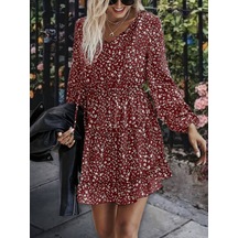 Stilaura Kadın Uzun Kollu V Yaka Bağcıklı Belden Gipeli Çiçek Baskılı Kısa Süprem Elbise Bordo