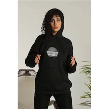 Unisex Sırt Baskılı Kapüşonlu Üç İplik Oversize Sweatshirt - Siyah Siyah