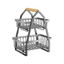 Suntek Ahşap Saplı Siyah Mini 2 Katlı Meyve Sepeti Tutucu