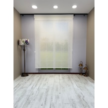 Çift Mekanizmalı Beyaz Çizgili Desenli Tül Ve Beyaz Mat Stor Perde Beyaz