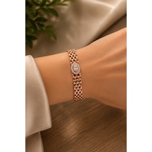 Sertifikalı 316l Çelik Rose Gold Oval Zirkon Taşlı Premium Kadın Bileklik Altın