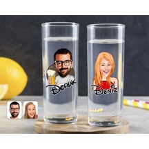 Kişiye Özel Renkli Baskılı Erkek Ve Kadın Karikatürlü İkili Vodka Bardağı-6 Çok Renkli