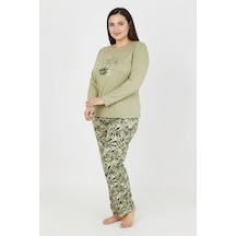 Bravie Üstü Yazılı Altı Yaprak Desenli Elite Viscose Uzun Büyük Beden Pijama Takımı Yeşil 3591 Yeşil