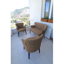 Azra Mobilya Çay Seti Koltuk Takımı - Keten Kumaş - Ahşap Ayak - Balkon Mobilyası- Kahverengi Kahverengi