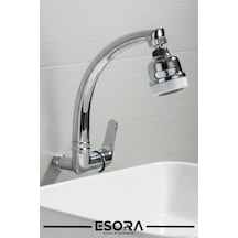 Duvardan Tek Su Girişli Kuğu Borulu Musluk - 3 Fonksiyonlu Hareketli Başlıklı Lavabo Bataryası Krom