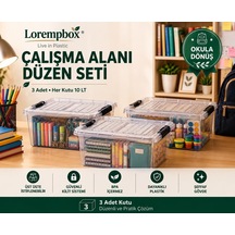 Lorempbox Çalışma Alanı Düzen Seti 3 Lü 10 Lt Şeffaf Saklama Kutusu