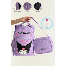 Lila Peluş Kuromi Okul Çantası + Beslenme + Suluk - Kız Sırt Çantası İlkokul Çantası Kuromi Çanta