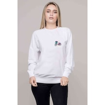 Bisiklet Sulu Boya Göğüs Baskılı Beyaz Kadın Sweatshirt