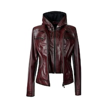 Bordo Dericlub K2307 Kapüşonlu Gerçek Deri Kadın Mont