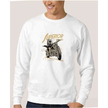Superior Motorsiklet Baskılı Beyaz Erkek Örme Sweatshirt