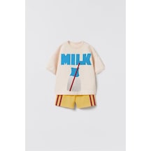 Lolliboomkids Unisex Çocuk Süt Baskılı Pamuklu Bisiklet Yaka Altüst Takım 2 Parça Ekru / Sarı Ekru - Sarı