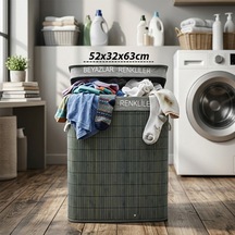 Gri Dikdörtgen 2 Bölmeli 52x32cm Y:63cm Bambu Ahşap Kirli Çamaşır Sepeti Kumaş Çantalı İp Kulp 4915 Çok Renkli