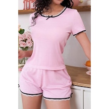 Bella Notte Jacquard Pembe Dantel Detaylı Şortlu Pijama Takımı