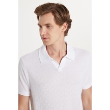 Tudors Erkek Slim Fit Dar Kesim Viskon Kumaş Desenli Düz Pike Düğmesiz Beyaz Polo Yaka Tişört-34763 Beyaz