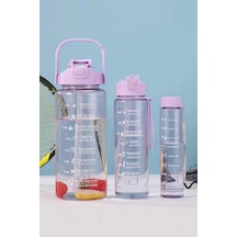 Tilbe Home 3'lü Motivasyonel Su Matarası Tritan Sporcu Su Şişesi Suluk Stickerlı Pipetli Suluk 2000+ Mor