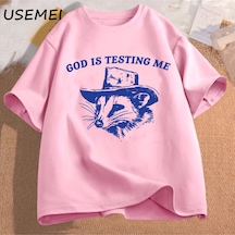 Flood Of Style Tanrı Beni Test Ediyor Ve Ben % Erkek Tişörtü Komik Pamuk İğneleme Giyim Meme Grafik Tee Kısa Pembe