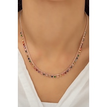 Papatya Silver 925 Ayar Gümüş Rose Kaplama Sallantılı Mix Taşlı Kolye