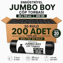 Endüstriyel Jumbo Boy Çöp Torbası 80x110 Cm 400 Gr 20 Rulo 200 Adet Ekstra Kalın Siyah Çöp Poşeti