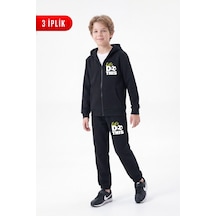Panios Kids 3 İplik Baskılı Fermuarlı Erkek Çocuk Eşofman Takımı Siyah