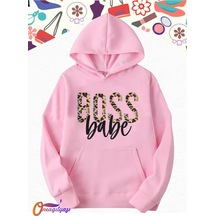 Boss Leopar Kadın Sweatshirt Hoodie Pembe