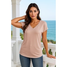 Kadın Pudra Pembe Viskon V Yakalı T-shirt Kısa Kol Rahat Kesim Bluz Çok Renkli