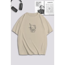 Unisex Kadın Erkek Hello Kitty Hug Me Baskılı Özel Tasarım Oversize T-shirt Bej Mck0153 Bej