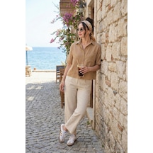 Lela Regular Fit Göğüs Cepli Kısa Kollu Bayan Gömlek 6779324 Bisküvi
