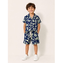 My Kids Wear Modern Desenli Çocuk Yazlık Gömlek & Şort Takımı Rahat Ve Şık Kombin 12746 Beyaz - Mavi