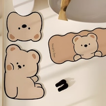 Sevimli Ayıcık Figürlü 3'lü Banyo Paspas Seti - Kaymaz Tabanlı Diatomit Peluş Banyo Halısı Açık Bej