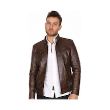 Hakiki Kuzu Derisi Fermuarlı Erkek Hakim Yaka Ceket Omuz İşlemeli Ceket Kahverengi Kahve