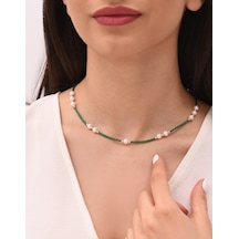 Kuyumcudukkani Yeşil Boncuk Taşlı Ve Hakiki İncili Trend Kolye-29239-w-grn Beyaz