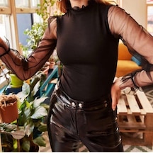 Kadın Örme Krep Kumaş Kolları Dantelli Bluz