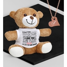 Kişiye Özel Sevgililer Temalı Peluş Ayıcık Ve Rose Kalp Kolye Set (409000995)