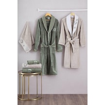 Ecocotton Derin Bej-yeşil "m-l" %100 Organik Pamuk Nakışlı Aile Bornoz Seti Bej - Yeşil